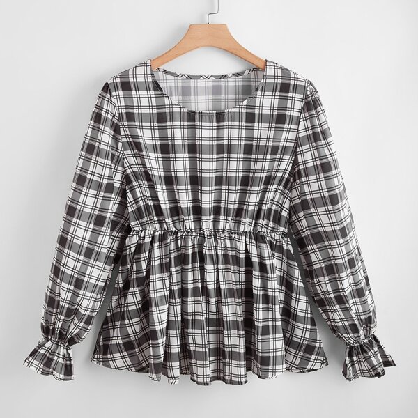 

Plus Plaid Peplum Blouse, Black and white
