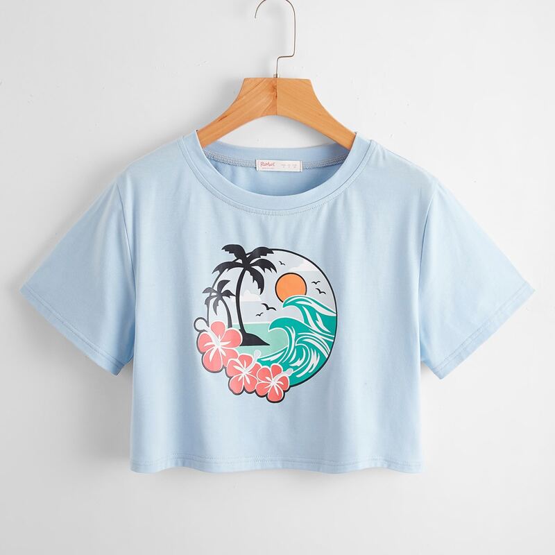 

Tropical Graphic Crop Tee, Baby blue