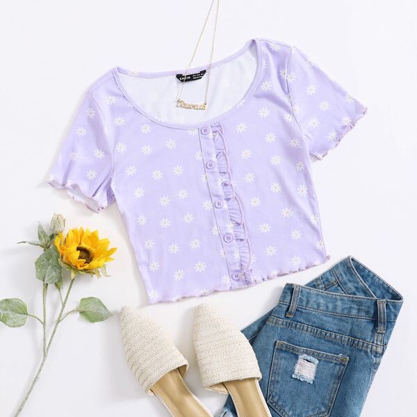 

Daisy Floral Print Frill Trim Button Front Top, Lilac purple