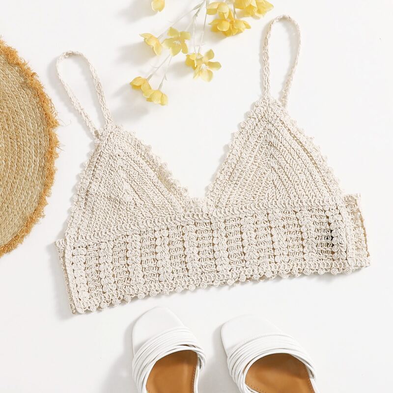

Solid Crochet Knit Top, Beige