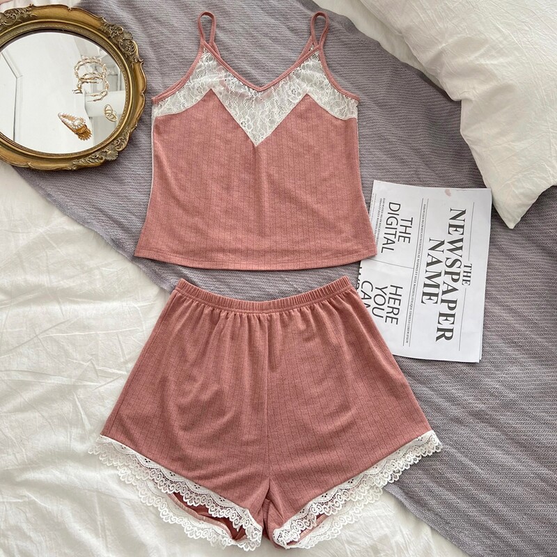 

Contrast Lace PJ Set, Dusty pink