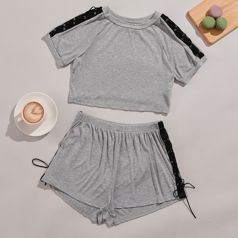 

Side Panel Lace Up Lounge Set, Grey