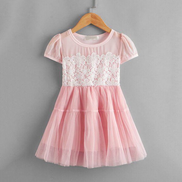 

Toddler Girls Guipure Lace Panel Mesh Dress, Baby pink