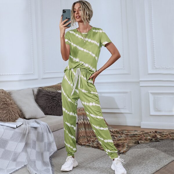 

Striped Tee With Knot Front Sweatpants, Lime green