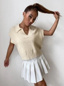 Knit ngọn màu trơn Giải trí - Màu be - Xem 3