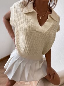 Knit ngọn màu trơn Giải trí - Màu be - Xem 5