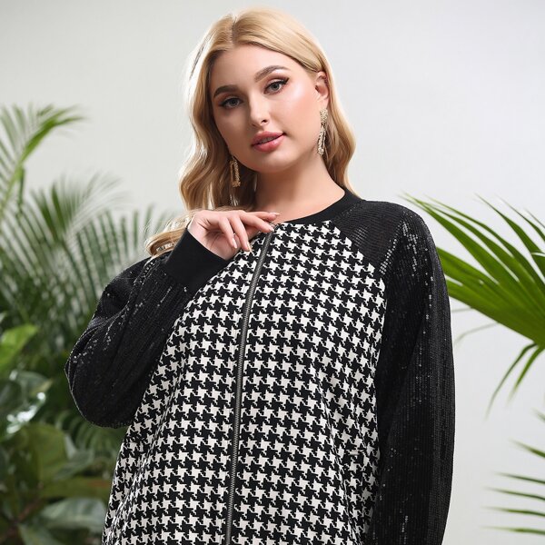 

Plus Contrast Sequins Raglan Sleeve Houndstooth Bomber Jacket, Black and white