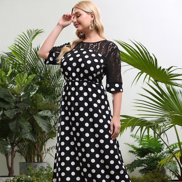 

Plus Polka Dot Contrast Lace Maxi Dress, Black and white