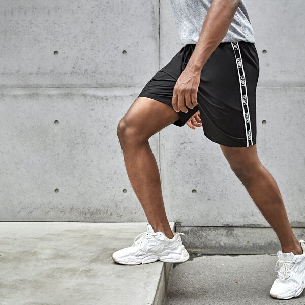 

Men Drawstring Waist Letter Tape Side Shorts, Black