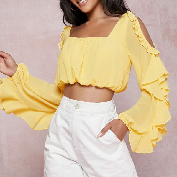 

Chiffon Open-Shoulder Ruffled Peasant Sleeve Top, Yellow pastel