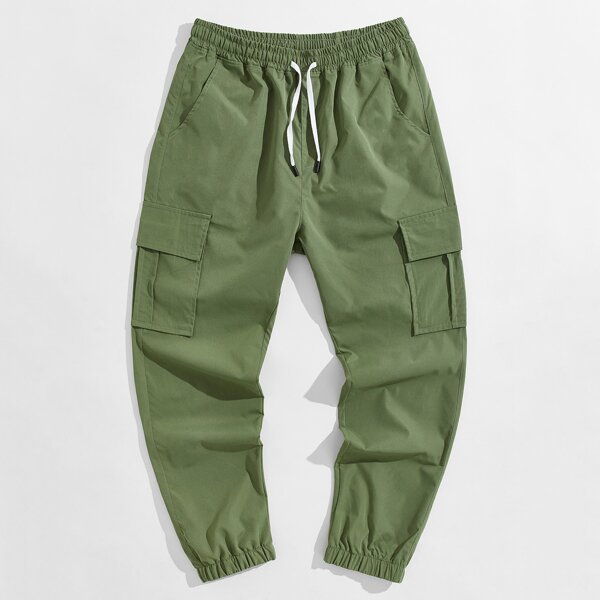 

Men Flap Pocket Side Drawstring Waist Cargo Pants, Army green