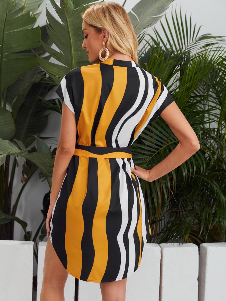 SHEIN Notched Neck Self Belted Striped Dress | SHEIN