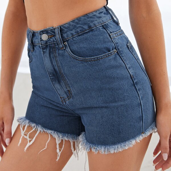 

High Waist Raw Hem Denim Shorts, Medium wash