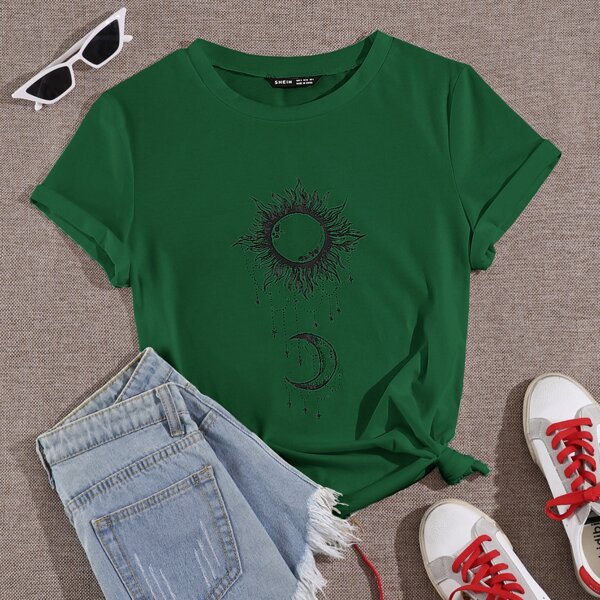 

Sun & Moon Print Short Sleeve Tee, Green