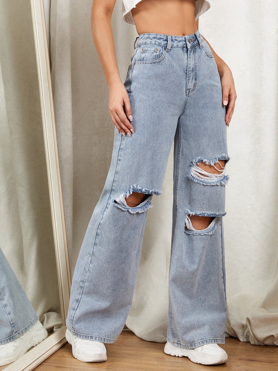 SHEIN EZwear Zipper Fly Ripped Detail Wide Leg Jeans