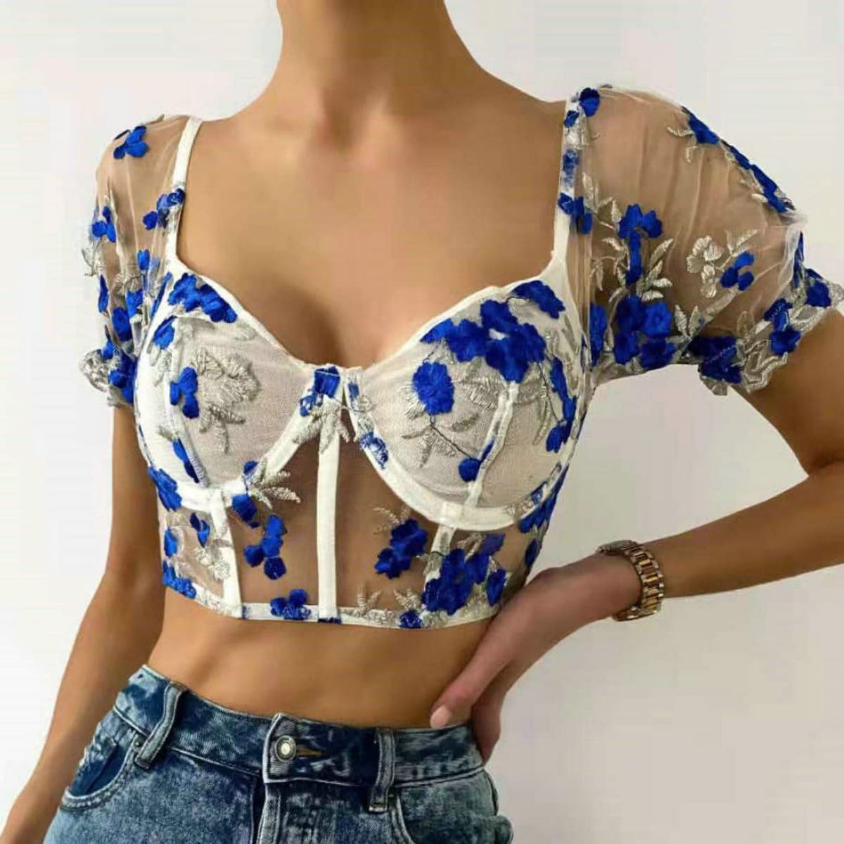 

Floral Embroidery Mesh Underwire Bralette, Blue