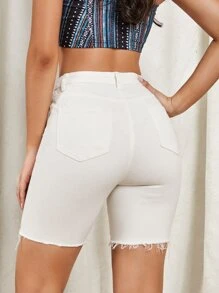 Zipper Fly Raw Hem Denim Shorts