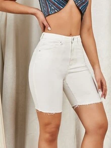 Zipper Fly Raw Hem Denim Shorts