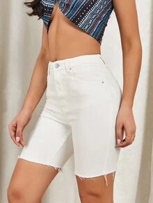 Zipper Fly Raw Hem Denim Shorts