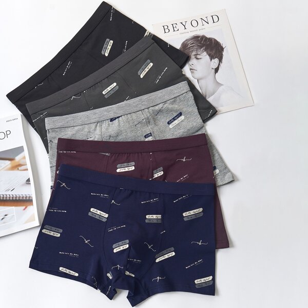 

Men 5pcs Letter Graphic Boxer Brief, Multicolor