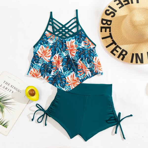 

Tropical Lattice Front Shorts Bikini Swimsuit, Green