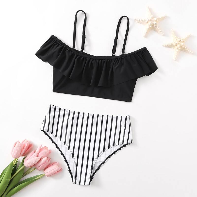 

Stripe Ruffle Trim Bikini Swimsuit, Black and white