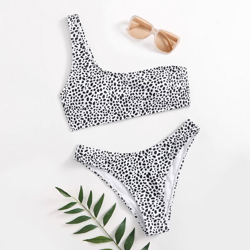 

Dalmatian One Shoulder Bikini Swimsuit, Black and white