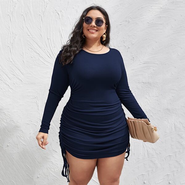 

Plus Drawstring Side Solid Bodycon Dress, Navy blue