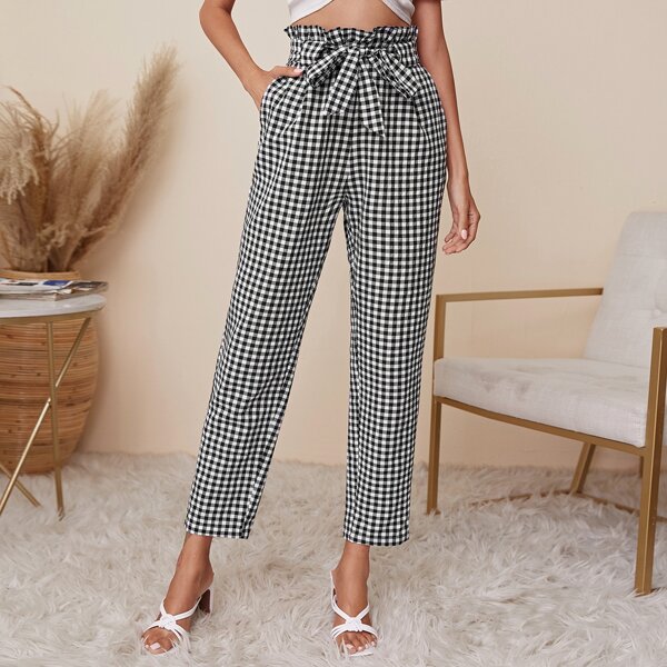 

Paperbag Waist Tie Front Gingham Pants, Black and white
