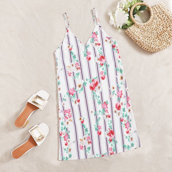 

Floral and Striped Cami Dress, Multicolor