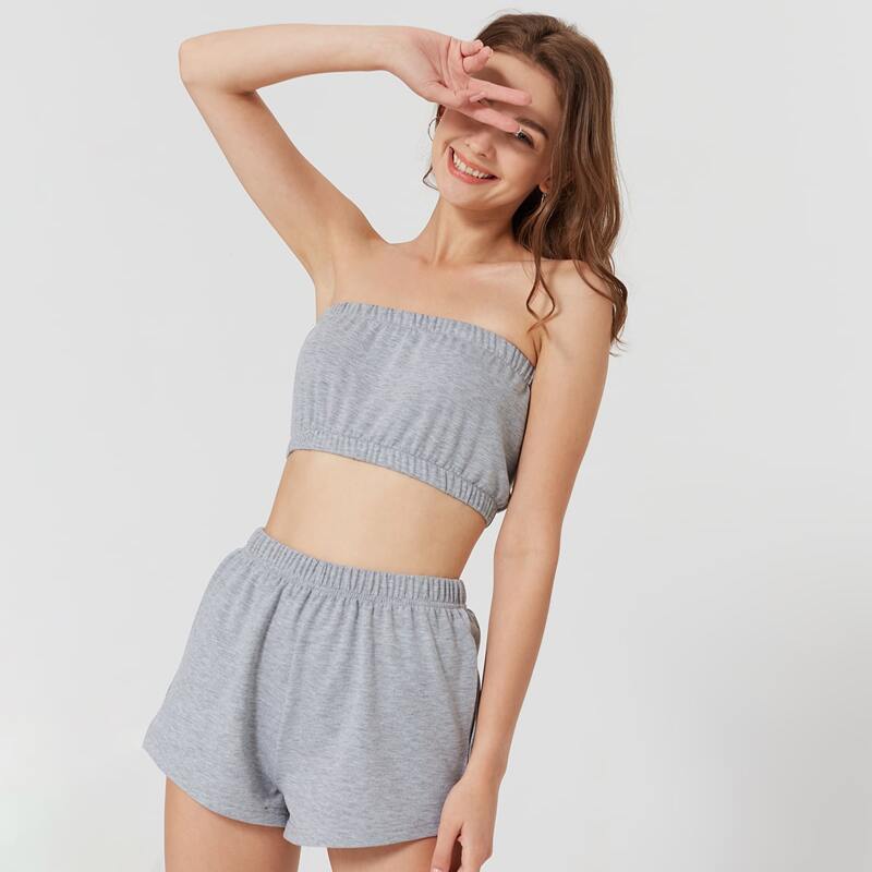 

Solid Crop Tube Top & Shorts, Light grey