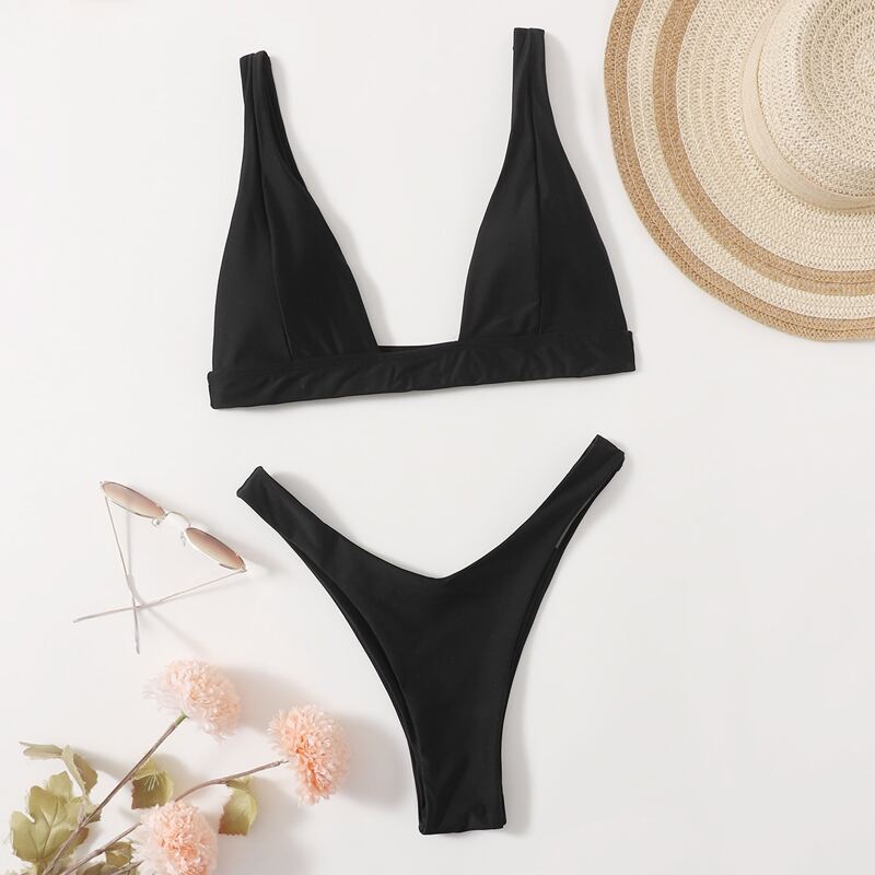 

Solid High Cut Bikini Swimsuit, Black