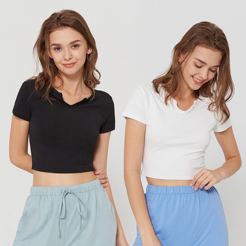 

2pcs Solid Notched Crop Tee, Black and white