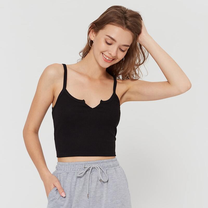 

V Cut Ribbed Crop Cami, Black