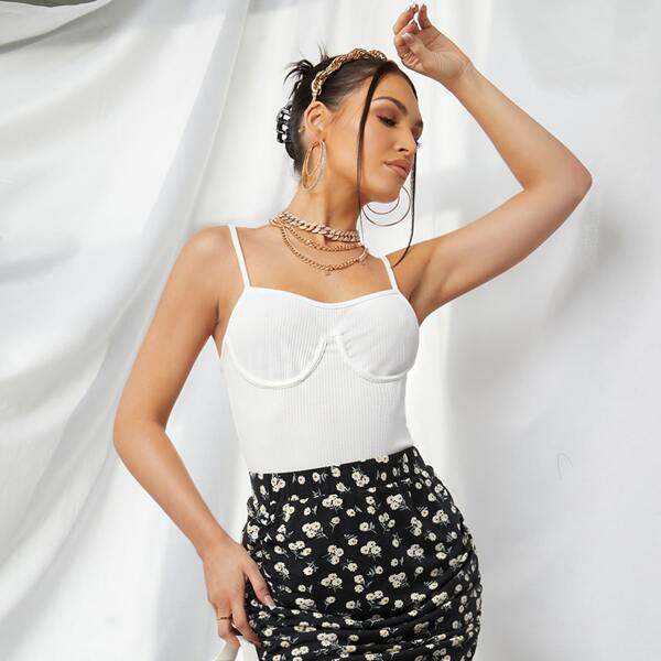 

Rib-knit Bustier Cami Bodysuit, White