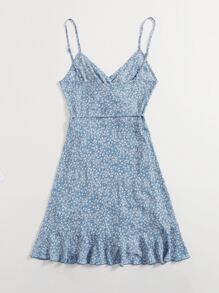 SHEIN 大碼圍裹繫帶小碎花連衣裙 - 藍白色 - 查看 2