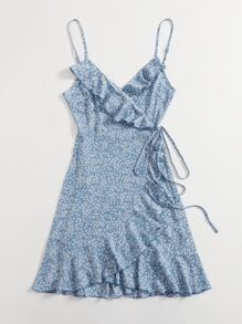 SHEIN 大碼圍裹繫帶小碎花連衣裙 - 藍白色 - 查看 4