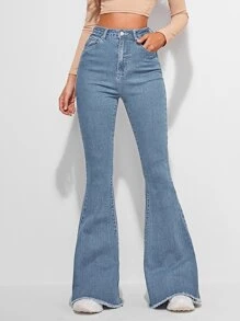 SHEIN Frenchy High Waist Contrast Stitch Flare Leg Jeans - Light Wash - View 1