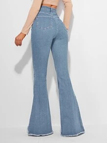 SHEIN Frenchy High Waist Contrast Stitch Flare Leg Jeans - Light Wash - View 2