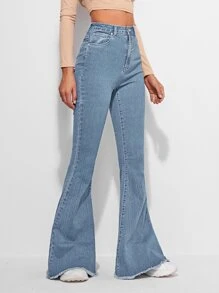 SHEIN Frenchy High Waist Contrast Stitch Flare Leg Jeans - Light Wash - View 3