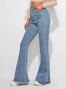 SHEIN Frenchy High Waist Contrast Stitch Flare Leg Jeans - Light Wash - View 4
