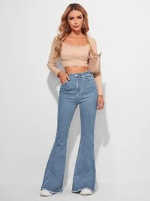 SHEIN Frenchy High Waist Contrast Stitch Flare Leg Jeans - Light Wash - View 5