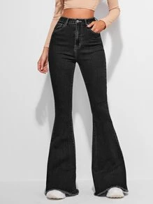 High Waist Contrast Stitch Flare Leg Jeans - Black - View 1