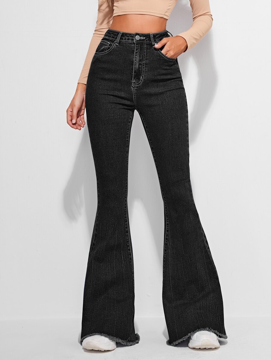 High Waist Contrast Stitch Flare Leg Jeans - Black - View 1