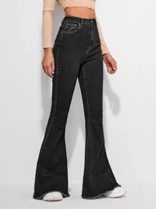High Waist Contrast Stitch Flare Leg Jeans - Black - View 3