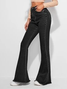 High Waist Contrast Stitch Flare Leg Jeans - Black - View 4