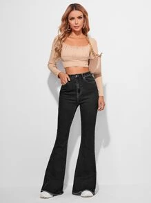 High Waist Contrast Stitch Flare Leg Jeans - Black - View 5