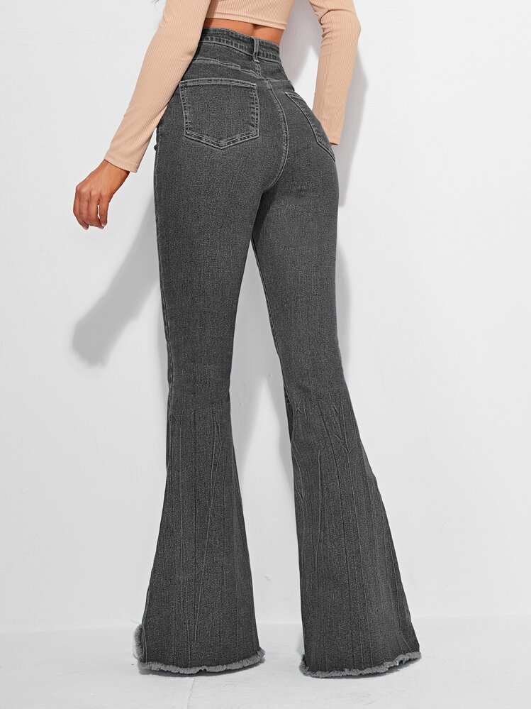 SHEIN Frenchy High Waist Contrast Stitch Flare Leg Jeans - Dark Grey - View 2