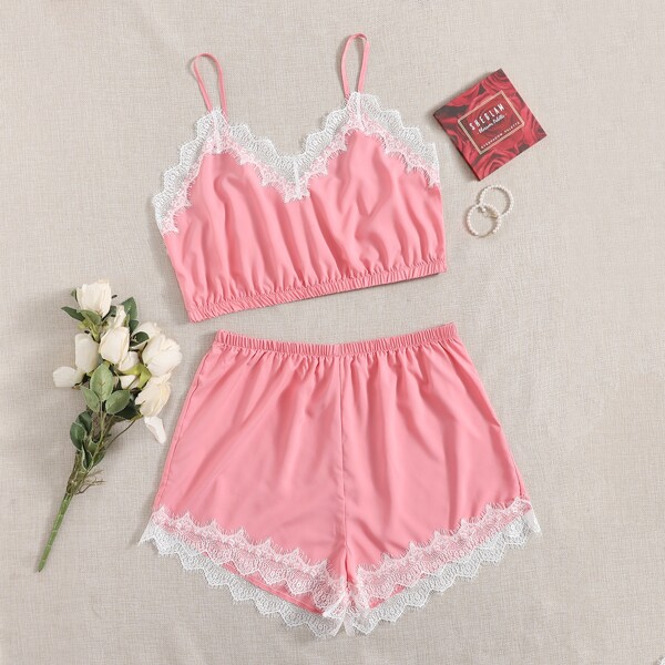 

Plus Contrast Lace Bow Front PJ Set, Coral pink