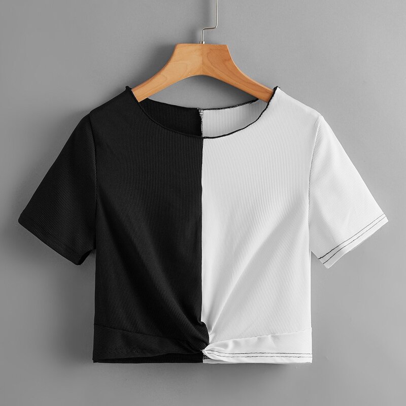 

Two Tone Ribbed Twist Tee, Black and white
